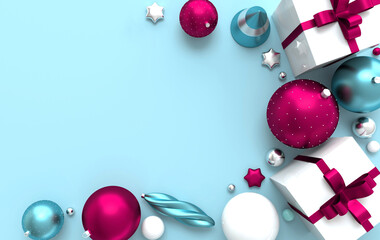 Merry Christmas and Happy New Year 3d render illustration card with colorful and golden xmas balls, stars, christmas tree, gift box. Winter decoration, xmas minimal design. Flat lay, top view