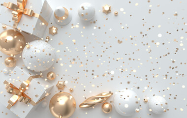 Merry Christmas and Happy New Year 3d render illustration card with white, golden xmas balls, stars, christmas tree, gift box, ornaments, confetti