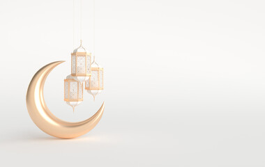 Golden lantern and crescent moon on white background for muslim holiday Ramadan Kareem. Traditional religious islamic symbol