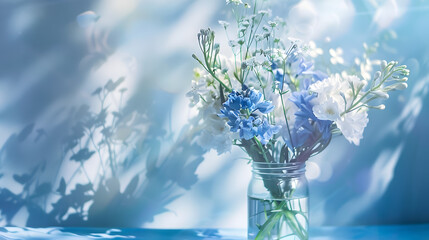 Obraz premium Horizontal Photo focused on a Sunlit white and Blue Flowers arranged in a clear jar perfect for wedding events and occasions : Generative AI