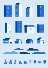 Vector illustration set of blue buildings.