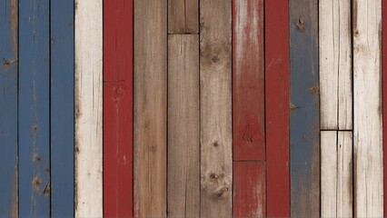 Old painted rustic wood boards background, Americana paint, red white and blue, American flag painting, wall, floor, barn, fence, wooden board with chipping, cracking, peeling, weathered paint