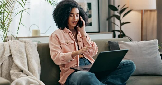 Woman, sofa and phone call on laptop for discussion as remote work, online job and networking with business contact. Happy, female person and relax in living room, email and website for research
