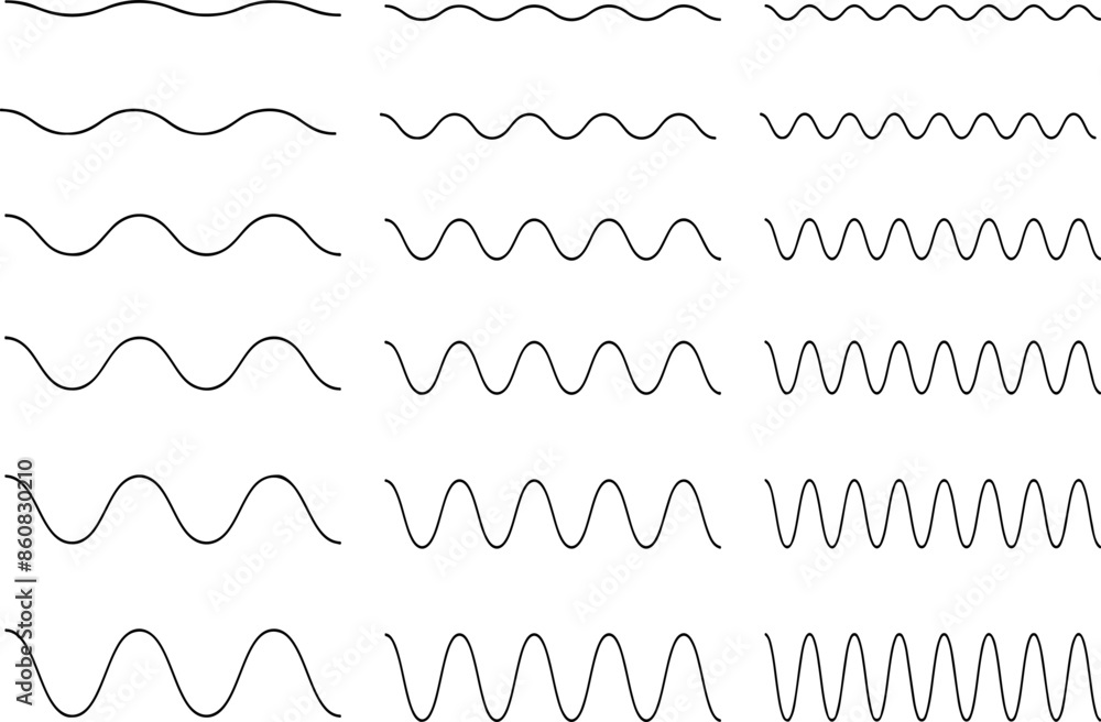 Poster pixel perfect icon set of sinusoidal signal waves sine cosine wave with various frequency. thin line