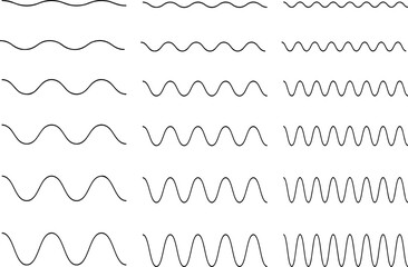 Pixel perfect icon set of sinusoidal signal waves sine cosine wave with various frequency. Thin line icons, flat vector illustrations, isolated on transparent background