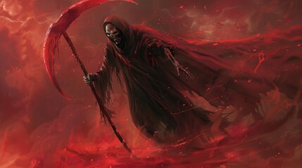 Grim Reaper: the iconic figure of death, shrouded in darkness and wielding a scythe, symbolising the inevitable end of life and the passage into the unknown.