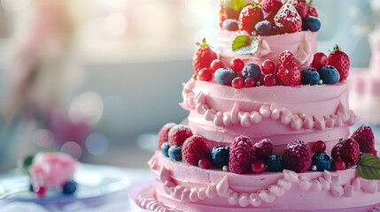 Threetiered pink wedding cake decorated with fruits on a white wooden table Wedding cake Beautiful wedding cake close up of cake and blur background selective focus : Generative AI