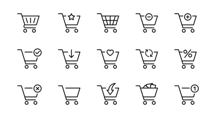 Shopping cart icon set, shopping trolley symbol . Add to shopping cart with arrow down icon , buy and sale , full and empty shopping cart symbols. web spp line icons. editable stroke