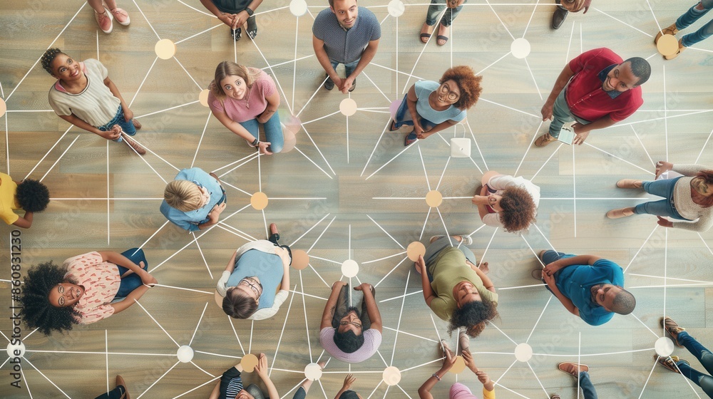 Poster A diverse group of people stand in a circle connected by a web of social media, representing community and connection. Generative AI