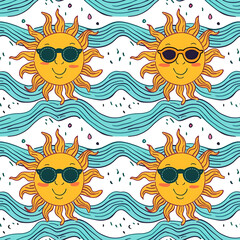 Cute Seamless Pattern with Sun and Sunglasses