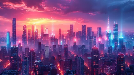 Fototapeta premium Futuristic Skyline: A sleek, modern cityscape with towering skyscrapers, advanced technology, and neon lights, depicting a vision of the future. Illustration, Minimalism,