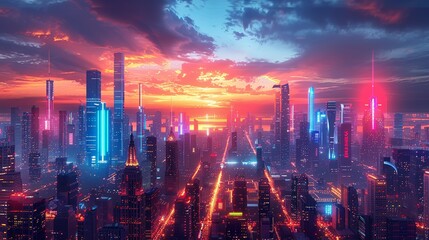 Obraz premium Futuristic Skyline: A sleek, modern cityscape with towering skyscrapers, advanced technology, and neon lights, depicting a vision of the future. Illustration, Minimalism,