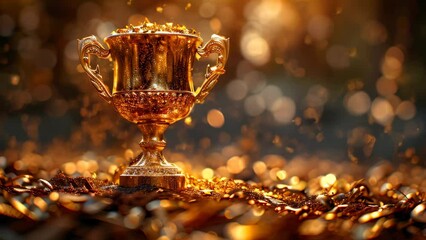 gold winners sports cup on festive golden background with confetti, design trophy, Golden symbol of winner, sport competition, championship concept