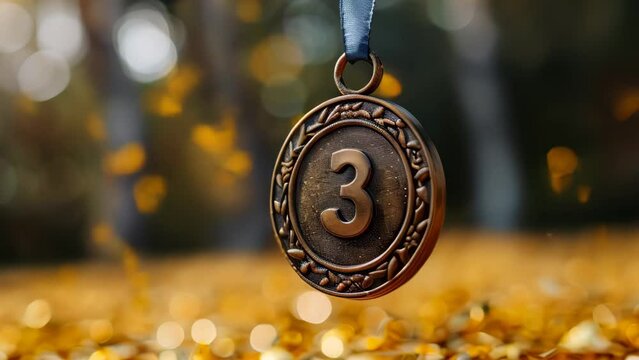 Bronze medal for third place in competition on festive background with confetti, symbol of winner, celebration, sport competition, champion games