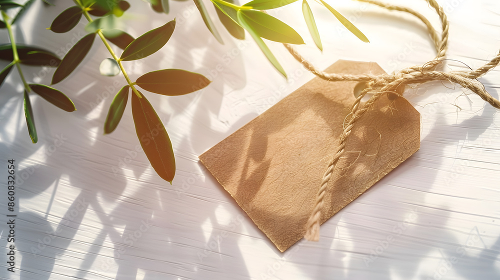 Poster blank paper gift tag label mockup with rope and olive tree branch on white table background in sunli