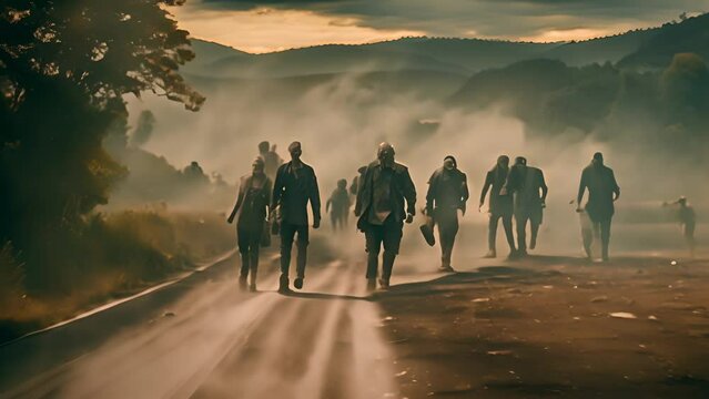 Group Of Survivors Walking Through Foggy Forest Road Generative AI