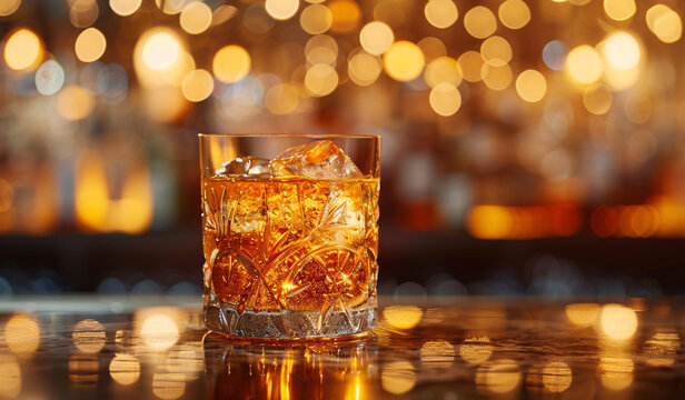 Blur shot of classic luxury counter bar drink, cocktail bartender with light gold bokeh background. Perfect for beverage concepts and upscale events.
