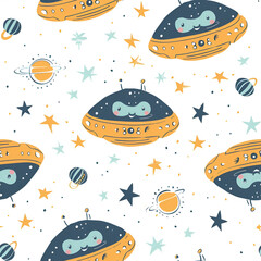 Cute Seamless Pattern with UFO and Stars