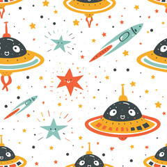 Cute Seamless Pattern with UFO and Stars
