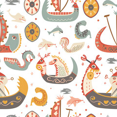 Cute Seamless Pattern with Viking Ship and Shields