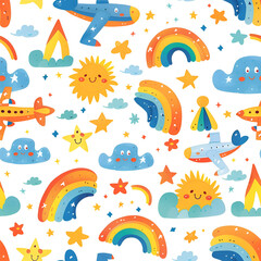 Naklejka premium Cute Seamless Pattern with Airplane and Rainbows