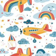 Cute Seamless Pattern with Airplane and Rainbows