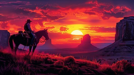 Obraz premium Classic Cowboy Adventure: Design an illustration of a cowboy riding a horse through the rugged Wild West. Capture the essence of the open plains, towering canyons, and a dramatic sunset. The cowboy
