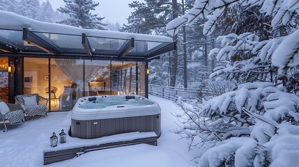 snowy retreat with a covered hot tub area that features automated sliding glass covers to keep the warmth in and the cold out