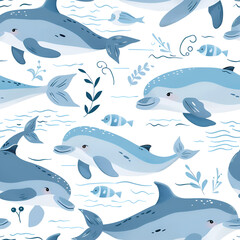 Naklejka premium Cute Seamless Pattern with Dolphins and Sea Waves