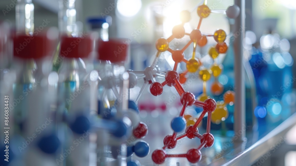 Poster a chemistry lab with many different colored liquids and beakers. generate ai image