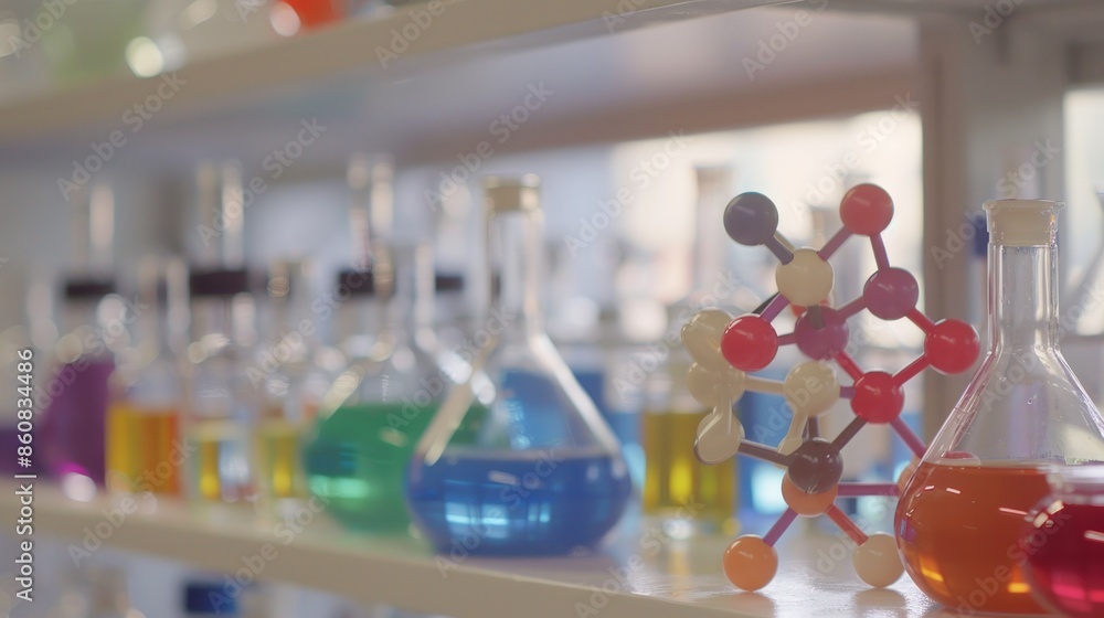 Poster a chemistry lab with many different colored liquids and beakers. generate ai image