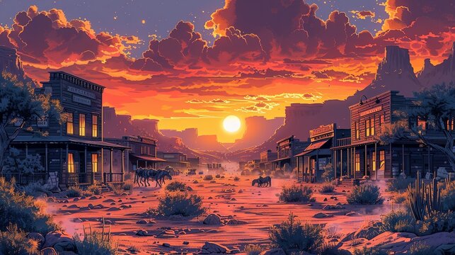 Wild West Showdown: Design an illustration of a dramatic cowboy showdown at high noon in a dusty western town. Capture the tension between the characters and the classic elements of the Wild West.