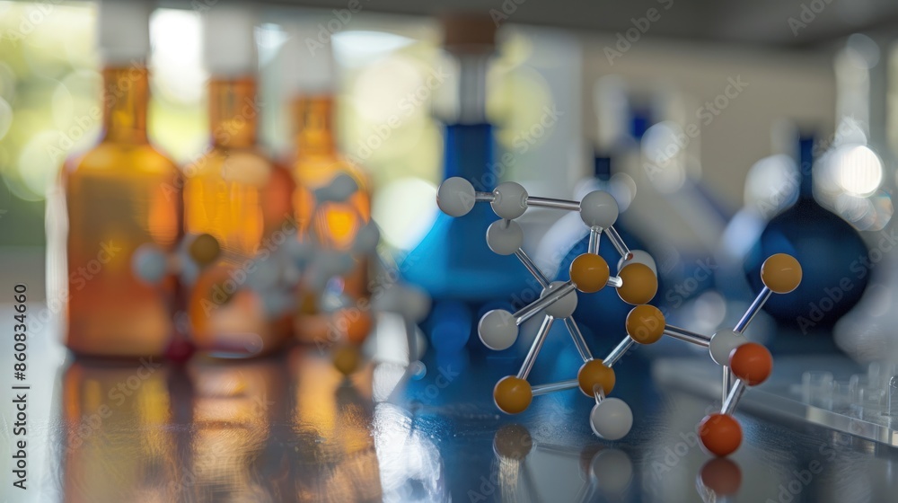 Poster a chemistry lab with many different colored liquids and beakers. generate ai image