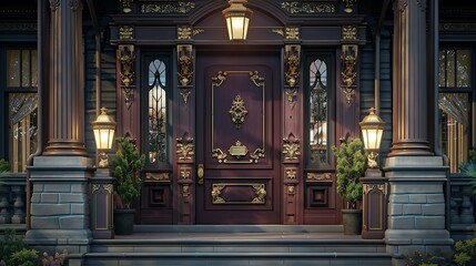 Victorian-inspired entryway with a deep maroon door, flanked by ornate, carved wooden panels and...