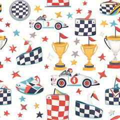 Cute Seamless Pattern with Race Car and Checkered Flag
