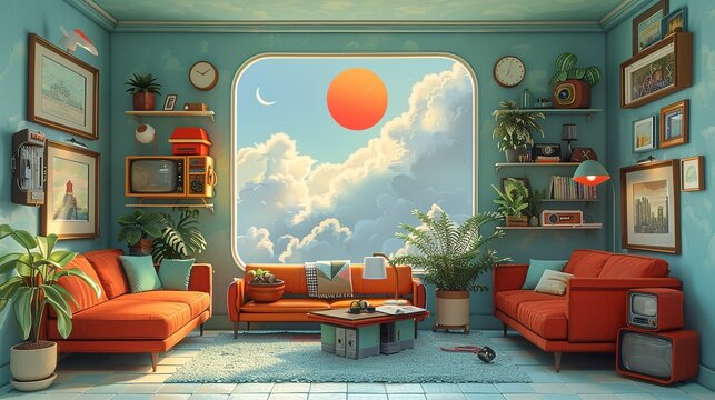 Nostalgic papercut artwork depicting a slackerâ€™s day filled with retro items, quirky inventions, and fun funk-inspired details that create a cozy and whimsical atmosphere. Illustration, Minimalism,