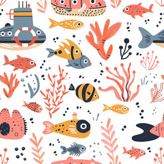 Cute Seamless Pattern with Submarine and Fish