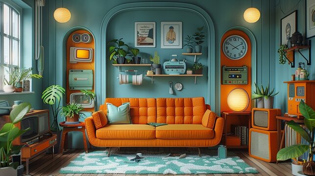 Nostalgic papercut artwork depicting a slackerâ€™s day filled with retro items, quirky inventions, and fun funk-inspired details that create a cozy and whimsical atmosphere. Illustration, Minimalism,