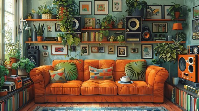 Nostalgic papercut artwork depicting a slackerâ€™s day filled with retro items, quirky inventions, and fun funk-inspired details that create a cozy and whimsical atmosphere. Illustration, Minimalism,