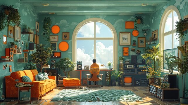 Nostalgic papercut artwork depicting a slackerâ€™s day filled with retro items, quirky inventions, and fun funk-inspired details that create a cozy and whimsical atmosphere. Illustration, Minimalism,