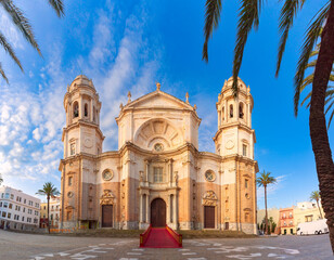 Cathedral of the Holy Cross in town square in the morning, Cadiz, Spain, Andalusia.