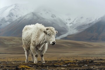 Fototapeta premium White Yak in a Mountainous Landscape