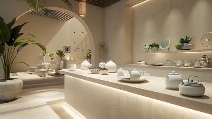 off-white luxury tea room, serving rare and exotic teas in a tranquil setting designed with elements of traditional tea culture and modern design