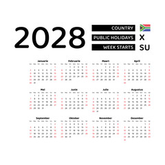 Calendar 2028 Afrikaans language with South Africa public holidays. Week starts from Sunday. Graphic design vector illustration.