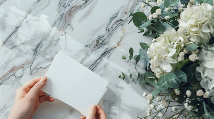 Obraz premium Bright feminine wedding stationery mockup scene Closeup of woman hand holding paper place card Bouquet of eucalyptus dry hydrangea white roses and gypsophila flowers on marble table ba : Generative AI