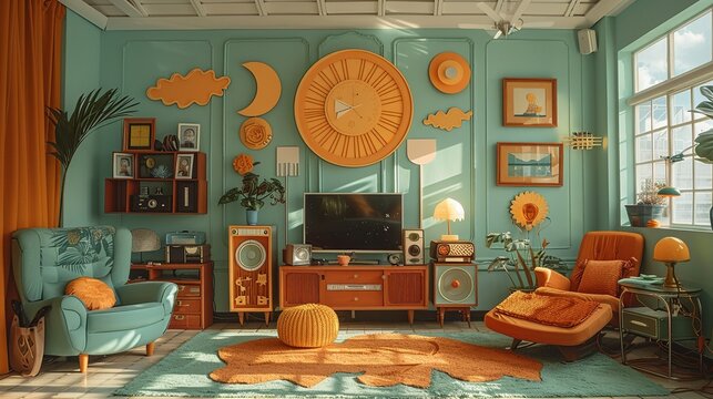 Nostalgic papercut artwork depicting a slackerâ€™s day filled with retro items, quirky inventions, and fun funk-inspired details that create a cozy and whimsical atmosphere. Illustration, Minimalism,