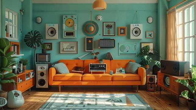 Nostalgic papercut artwork depicting a slackerâ€™s day filled with retro items, quirky inventions, and fun funk-inspired details that create a cozy and whimsical atmosphere. Illustration, Minimalism,