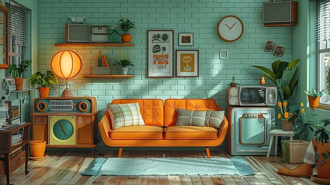 Nostalgic papercut artwork depicting a slackerâ€™s day filled with retro items, quirky inventions, and fun funk-inspired details that create a cozy and whimsical atmosphere. Illustration, Minimalism,
