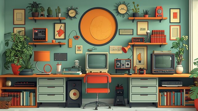 Nostalgic papercut artwork depicting a slackerâ€™s day filled with retro items, quirky inventions, and fun funk-inspired details that create a cozy and whimsical atmosphere. Illustration, Minimalism,