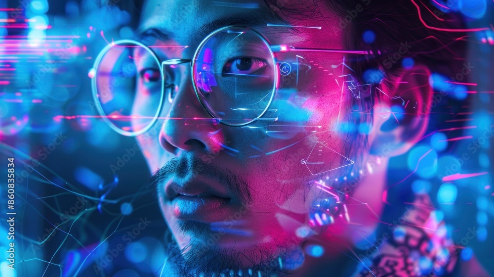 Poster a man with glasses is staring at the camera in a colorful, futuristic setting. generate ai image